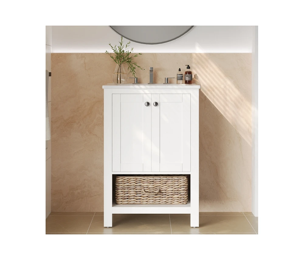 DeerValley 24" Pre-assembled Single Bathroom Vanity with Ceramic Top, Woven Storage Basket, White