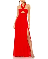 Mac Duggal Women's Ruched Halter Strap Keyhole Chiffon Gown