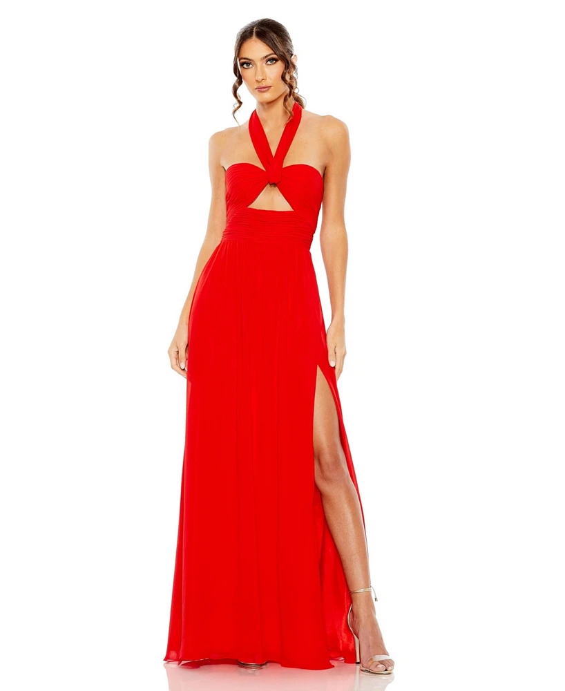 Mac Duggal Women's Ruched Halter Strap Keyhole Chiffon Gown