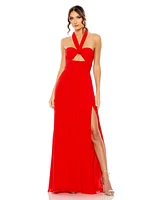 Mac Duggal Women's Ruched Halter Strap Keyhole Chiffon Gown