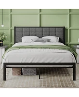 Slickblue Metal Platform Bed Frame with Button Tufted Upholstered Headboard