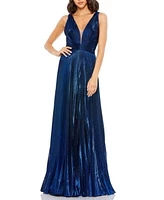 Mac Duggal Women's Plunge Neck Pleated Metallic Gown