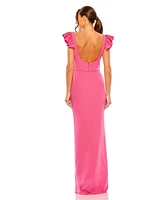 Mac Duggal Women's Ruffle Cap Sleeve Open Back Column Gown