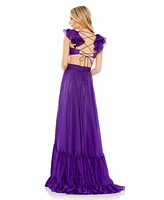 Mac Duggal Women's Ruched Ruffled Shoulder Cut Out Lace Up Gown