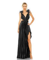 Mac Duggal Women's Pleated Feather Cap Sleeve Open Back Gown