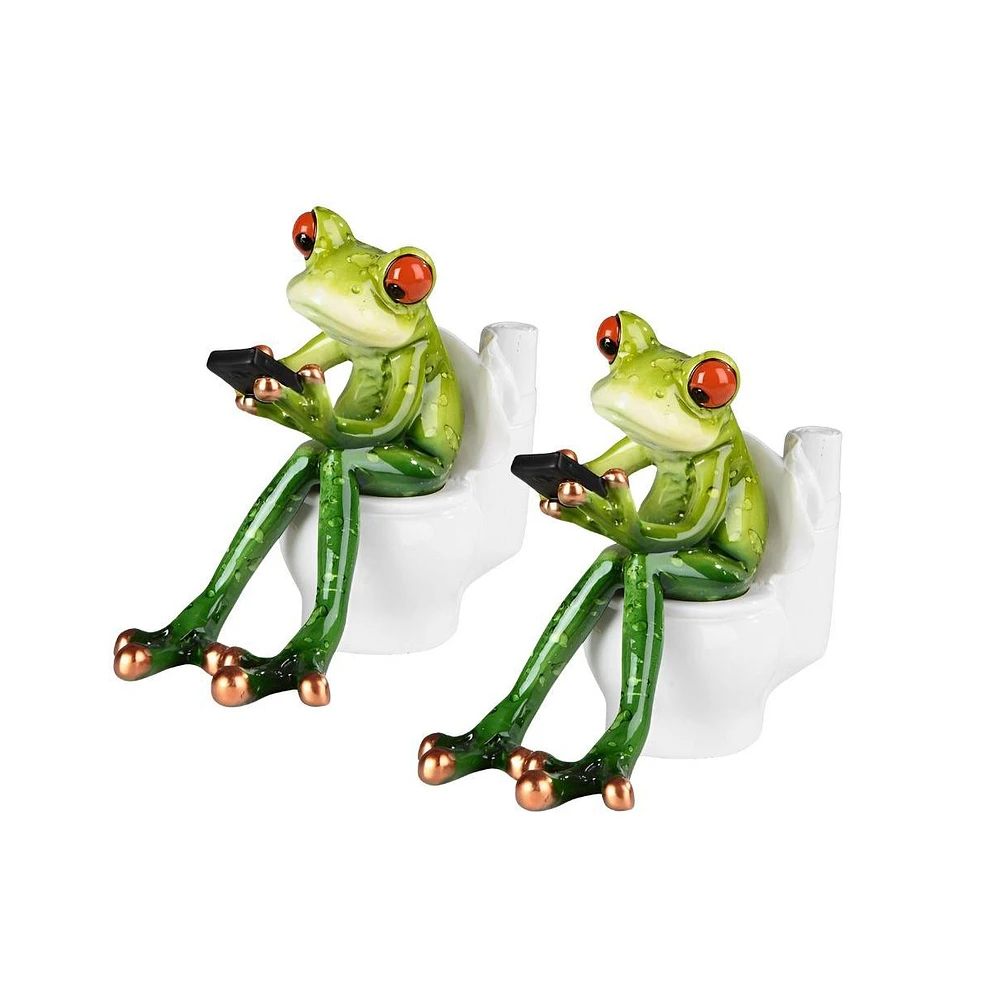 Fc Design "2-pc Gift Set" 5.25"H Tree Frog Sitting on Toilet Holding Phone Statue Funny Animal Figurine Statue Ornament Home Room Office Decor and Per