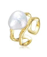 Genevive Sterling Silver 14K Gold Plated with Genuine Freshwater Pearl Contemporary Ring