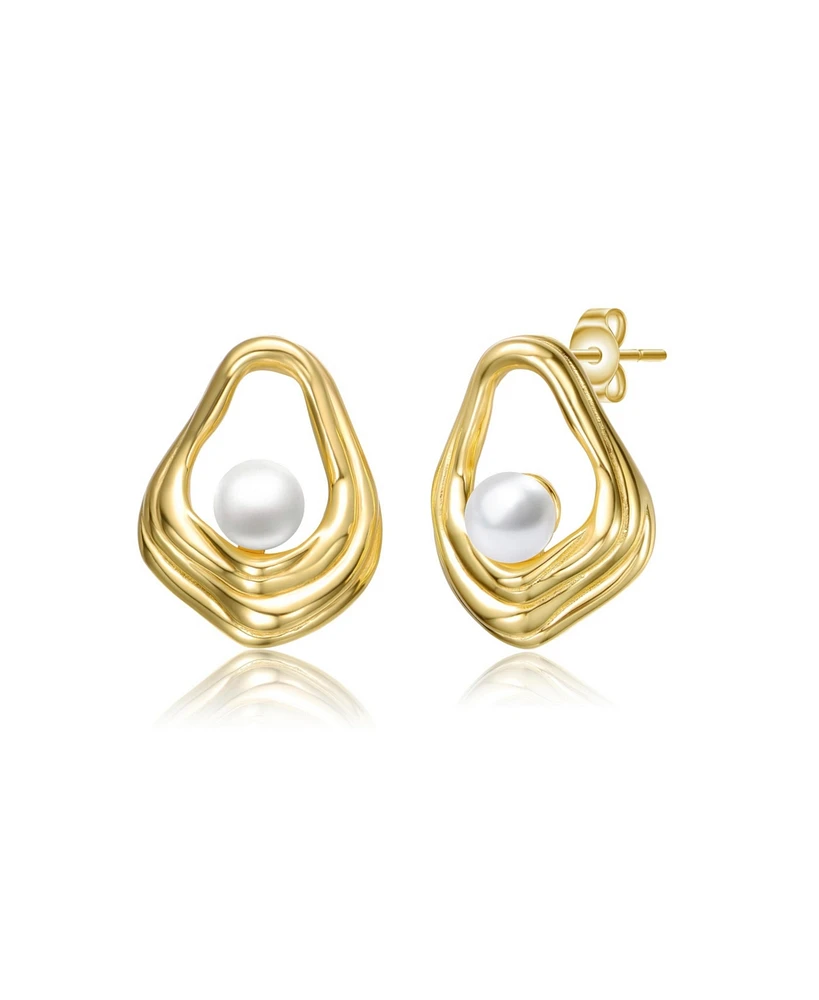 Genevive Sterling Silver 14K Gold Plated with Freshwater Pearl Abstract Shell Earrings