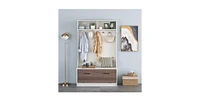 Slickblue Entryway Bench Coat Rack Shoe Storage Cabinet in Oak Wood Finish