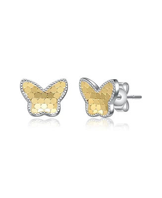 Rachel Glauber Two-Tone Milgrain Medallion Butterfly Stud Earrings in White Gold Plated or 14K Gold Plated