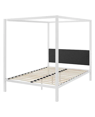 Slickblue Metal Canopy Bed Frame with Grey Fabric Upholstered Headboard