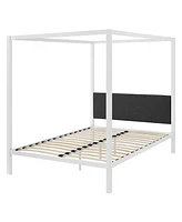 Slickblue Metal Canopy Bed Frame with Grey Fabric Upholstered Headboard