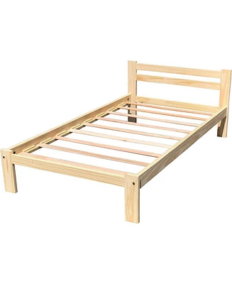 Slickblue Unfinished Solid Pine Wood Platform Bed Frame with Slatted Headboard