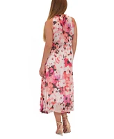 julia jordan Women's Floral Chiffon Pleated Scoop-Neck Midi Dress