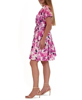 julia jordan Woman's Floral-Print Split-Neck Tie-Waist Dress