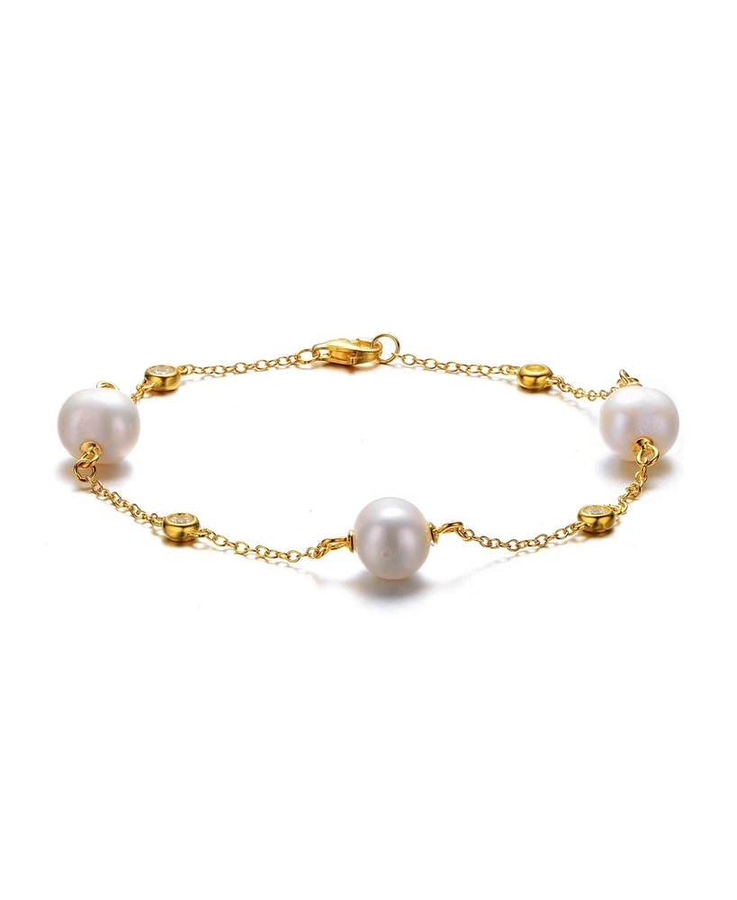 Genevive 14k Yellow Gold Plated with Freshwater Pearl & Cubic Zirconia Bezel Station Bracelet