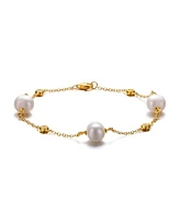 Genevive 14k Yellow Gold Plated with Freshwater Pearl & Cubic Zirconia Bezel Station Bracelet