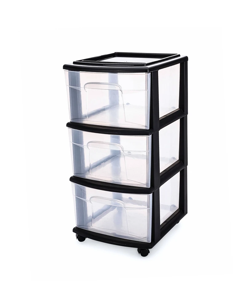 Homz Plastic 3 Drawer Medium Home Storage Container, Clear Drawers & Black Frame