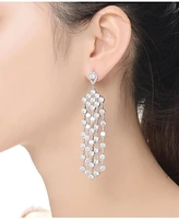 Genevive Sterling Silver White Gold Plated Cubic Zirconia Long Chandelier Earrings