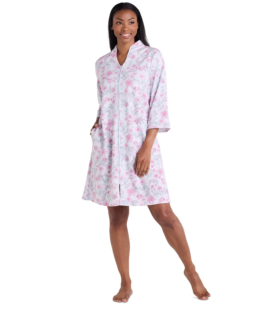 Miss Elaine Women's 3/4-Sleeve Printed Short Zip Robe