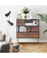 Gouun 3-Tier Wood Storage Cabinet with Drawers and 4 Metal Legs