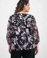 Kasper Plus Printed Sheer-Sleeve Blouse