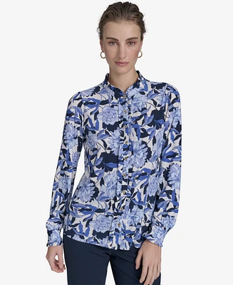 Tommy Hilfiger Women's Floral-Print Ruffled-Placket Button-Down Knit Top