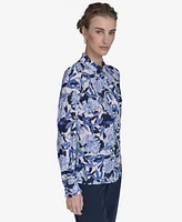 Tommy Hilfiger Women's Floral-Print Ruffled-Placket Button-Down Knit Top