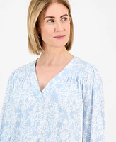 Style & Co Petite Vine-Print Smocked-Cuff V-Neck Top, Exclusively at Macy's