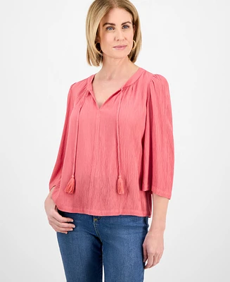 Style & Co Petite Split-Neck Tassel-Tie Top, Exclusively at Macy's