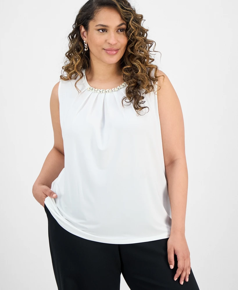 Kasper Plus Size Sleeveless Jeweled Pleat-Neck Blouse