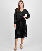 T Tahari Women's Printed Tie-Waist Pleated Midi Dress