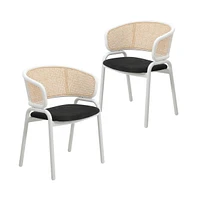 LeisureMod Dining Chair with White Powder Coated Steel Legs and Wicker Back, Set of 2