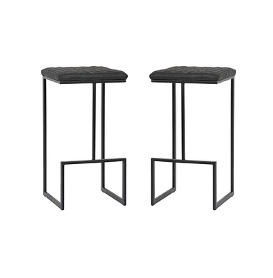 LeisureMod Quincy Quilted Stitched Leather Bar Stools With Metal Frame