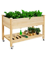 Gymax Raised Garden Bed Wood Elevated Planter Bed w/Lockable Wheels Shelf & Liner