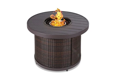 Slickblue 50,000 Btu Wicker Round Lp Gas Propane Fire Pit w/ Faux Wood Tabletop and Cover