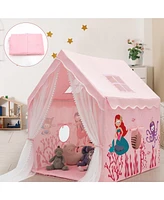 Gymax Kids Playhouse Large Children Indoor Play Tent Gift w/ Cotton Mat Longer Curtain