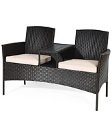 Gymax Patented Cushioned Rattan Wicker Patio Conversation Set w/ Loveseat Table Brown