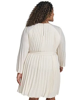 Dkny Plus Size Pleated Tie-Front A-Line Long-Sleeve Dress