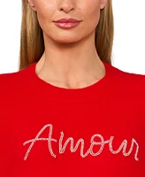 CeCe Women's Valentine Beaded Amour Script Crewneck Long-Sleeve Sweater