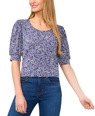 CeCe Women's Floral Shirred Scoop-Neck 3/4-Sleeve Knit Top