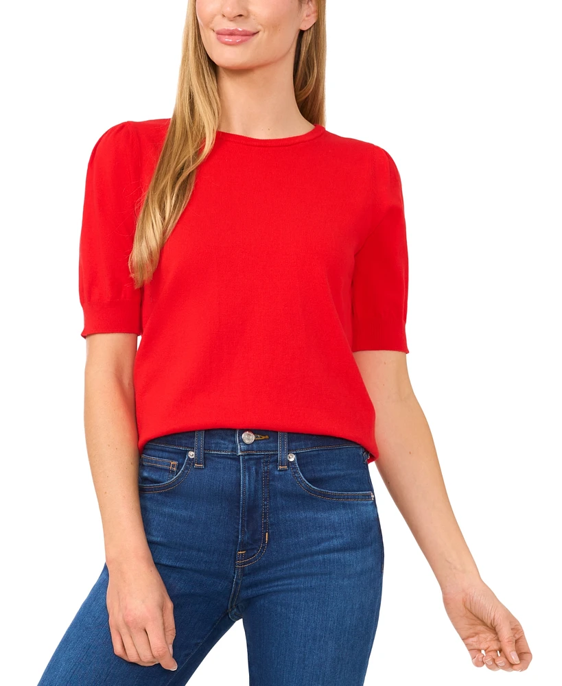 CeCe Women's Crewneck Puff Sleeve Cotton Sweater