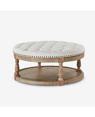 Hulala Home Illyria Transitional 36" Wide Tufted Round Cocktail Ottoman with Storage and Solid Wood Legs