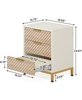 Tribesigns Night Stands Set of 2, Nightstand with 3 Drawers White and Gold Light Wood Grain Nightstands Bedside End Tables Storage for Bedrooms