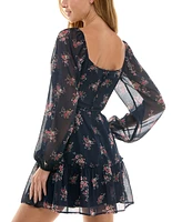 Trixxi Juniors' Floral-Print Long-Sleeve Dress