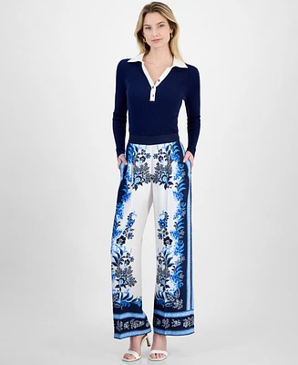 T Tahari Women's Printed High-Rise Wide-Leg Pants