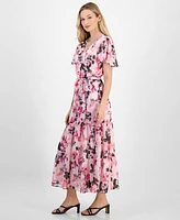 Kasper Women's Floral Chiffon Belted Flutter-Sleeve Dress, Regular and Petite Sizes