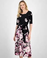 Kasper Women's Floral Belted Elbow-Sleeve Fit & Flare Dress, Regular and Petite Sizes