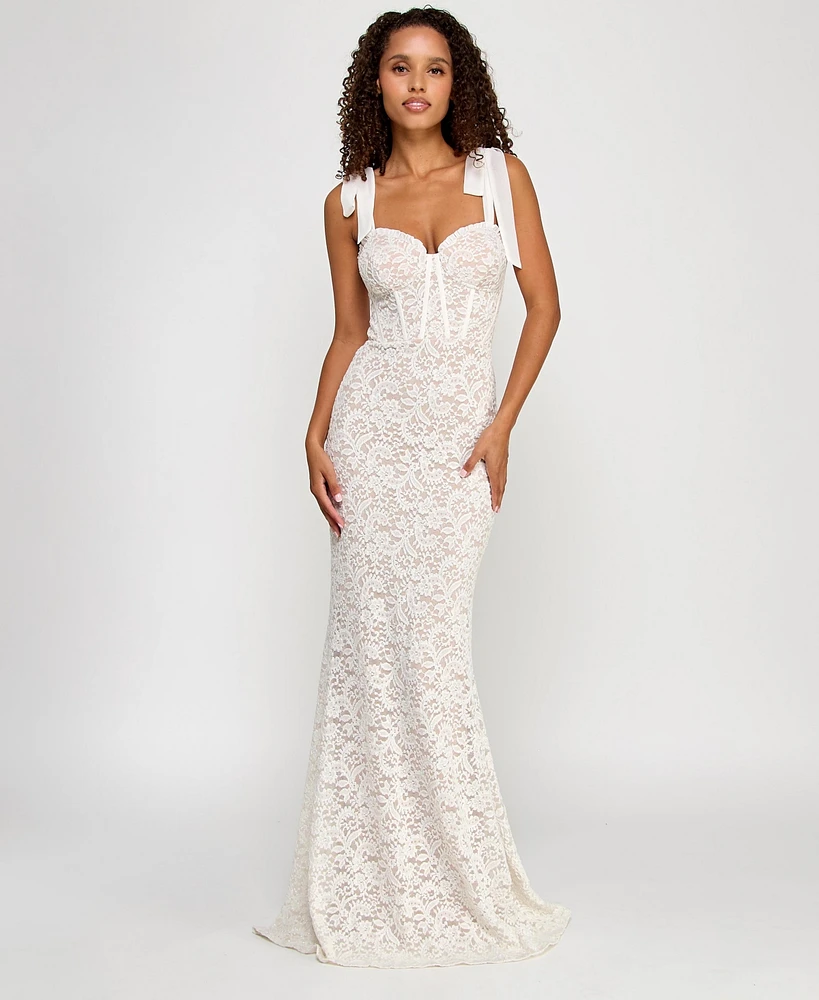 City Studios Juniors' Glitter-Lace Tie-Shoulder Sweetheart Gown