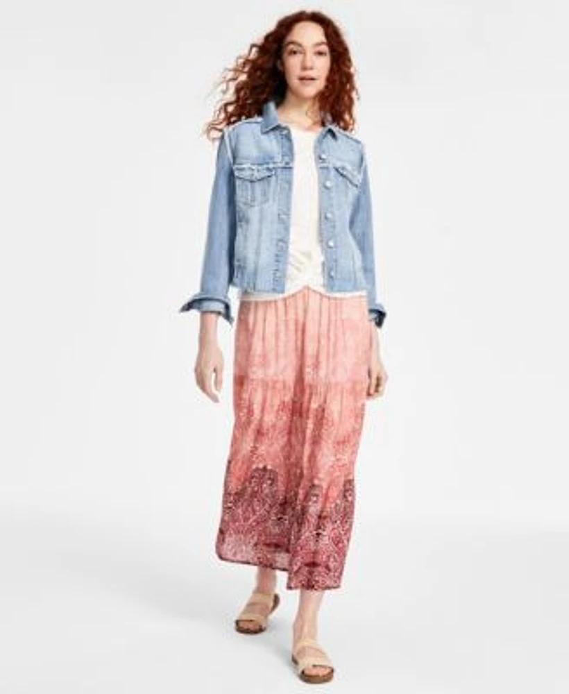 Liverpool Los Angeles Womens Frayed Trucker Jacket Knit Top Maxi Skirt